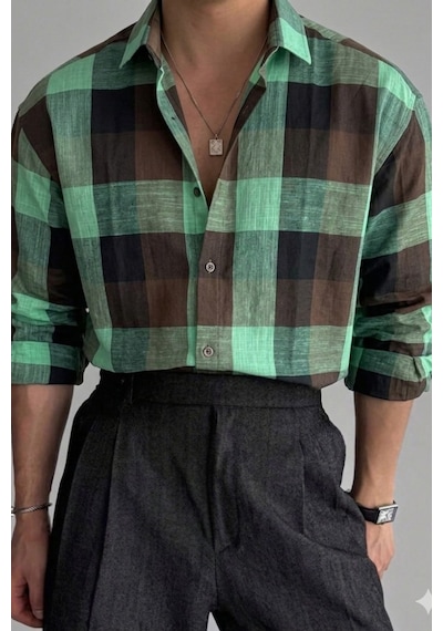 Erkek Ekose Gömlek Slim Fit Pamuklu Uzun Kollu Günlük Şık Gömlek Siyah