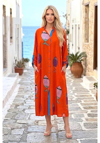 Veraura Lifestyle Turuncu Balıklı Gömlek Elbise