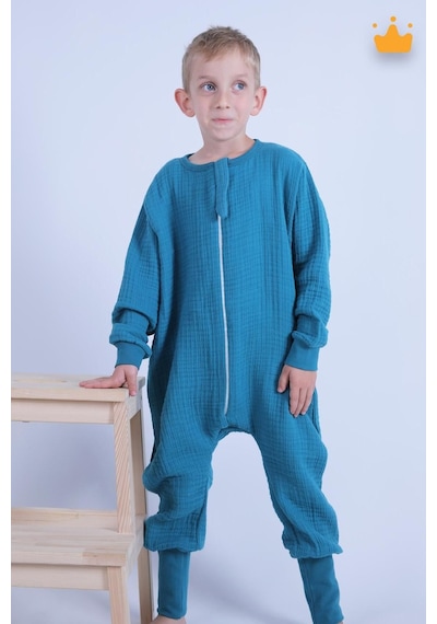 Babyhola Çocuk Mevsimlik Uyku Tulumu 2-8 Yaş 1 Tog 4 Kat Müslin Uzun Kollu Uyku Tulumu Turkuaz