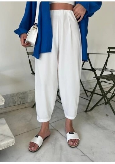 DefyModa Kadın Krep Kumaş Balon Pantolon Beyaz