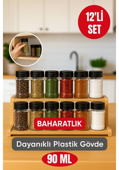 12 Li Dayanıklı Plastik Baharatlık Seti Şeffaf Gövde, Siyah Kapak, Düzenli Mutfaklar İçin 90 Ml Diğer