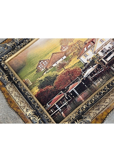 Kıyı Evleri Ve Tekne Limanı Adlı İran Tebriz Halı Tablo 123x73cm - Duvar Halı Kilim Tablo