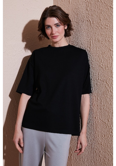 Lela Streç Oversize Fit Bisiklet Yaka Bayan T Shirt 5865911 Siyah