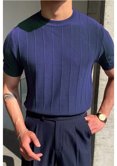 Erkek Slim Dar Bisiklet Yaka Düz Triko T-shirt Lacivert