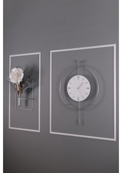 Büyük Boy 5'li Kristal Elegante Set Gümüş Beyaz - Modern Duvar Saati Mat Gümüş