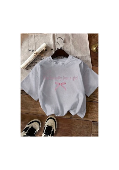 Medinenur Just Girl Yazı Detaylı Basic T-shırt Gri