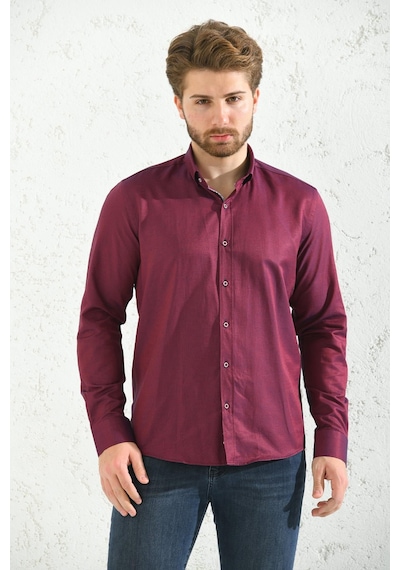 Slim Fit Uzun Kol Oxford Hediye Kutulu Kolay Ütülenebilir Erkek Gömlek - Bordo-1510