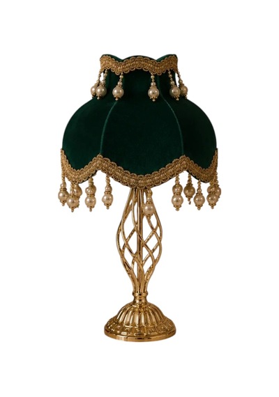 Hürrem Yeşili Kadife Gold İşlemeli Başlık Metal Gold Renk Ayaklı Klasik Vintage Abajur 50x30cm Yeşil