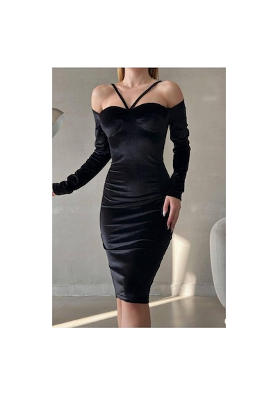 DefyModa Kadın İnce Kalp Yaka Balık Kesim Uzun Kollu Abiye Elbise Siyah