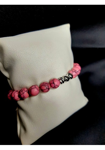 Pembe Turkuaz Taşı Ve Metal Boncuk Detaylı El Yapımı Bileklik Açık Pembe
