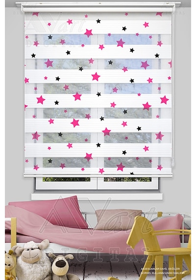 Pembe Siyah Yıldız Baskılı Çocuk Odası Perdesi - Dijital Baskılı Zebra Stor Perde Pembe