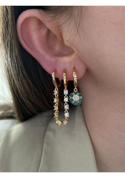 Pinery Jewels Yeşil Taşlı Taşlı Sallantılı 3'lü Altın Kaplama Kadın Küpe Seti Altın