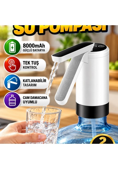 Katlanabilir Şarjlı Su Pompası 8000mah Batarya Tek Tuş Kontrol Cam Damacana Uyumlu 4w Renkli