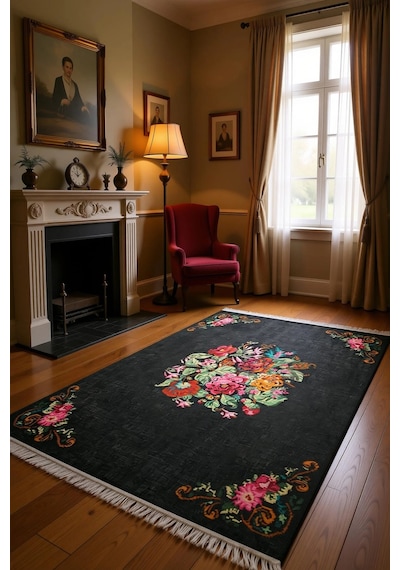 Çiçek Motifli Modern Halı Dekoratif Kilim Siyah