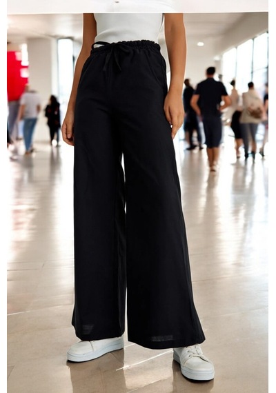 Yazlık Beli Lastikli Keten Pantolon siyah