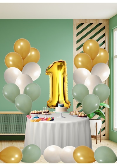 1 Yaş Küf Yeşili Temalı Doğom Günü Seti Metalik Gold Kum Beji Küf Yeşili Balonlar Gold Folyo Rakam Çok Renkli