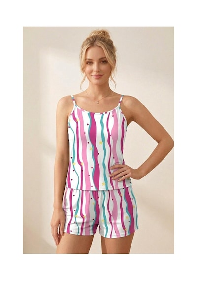 Fit Women Yıldız Ve Kalp Desenli Çizgili İp Askılı Şortlu Pijama Takımı 4612 -çok Renkli Çok Renkli