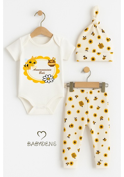 Babyden's Anneannesinin Balı Yazılı 3 Lü Bebek Takımı Kısa Kollu Çıtçıtlı Body, Arı Desenli Pantolon,bere %100 Pamuklu Unisex Ekru