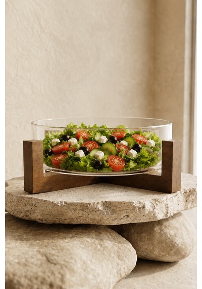 Akasya Standlı Borosilikat Cam Salata Ve Sunum Kasesi - Meyve Sunum Kasesi 2100 Ml Kahverengi