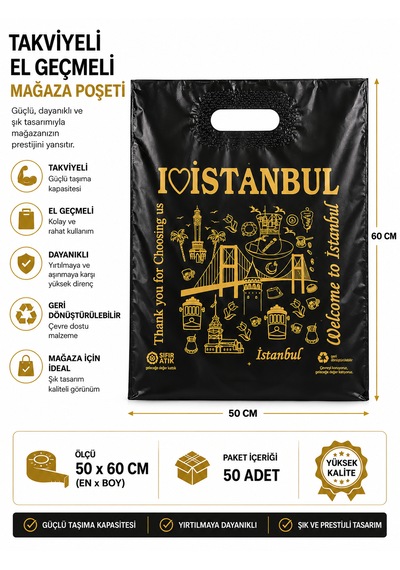 Takviyeli El Geçme İstanbul Tasarımlı Poşet 50x60-mağaza Poşeti-50adet