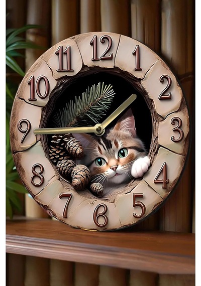 Kututr Patili Dostlarınız İçin Patili Saat Kedi Temalı Doğal Duvar Saati Sdw007
