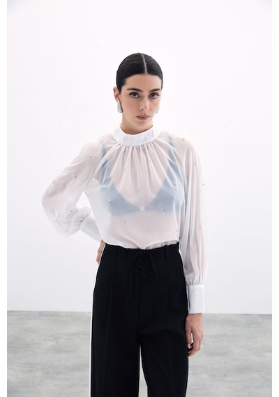 Sateen Taş Detaylı Transparan Bluz - Ekru-135759 Ekru