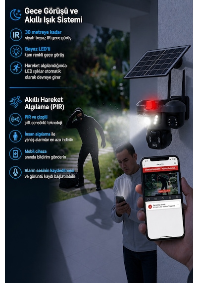 ARM-01 Solar Güneş Panelli 15MP 3 Lensli 4G Sim Kartlı Güvenlik Kamerası 360° PTZ Gece Görüşlü Sesli Dış Mekan V380 Pro