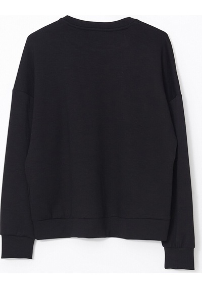 Lcw Vision Siyah Bisiklet Yaka Baskılı Oversize Kadın Sweatshirt