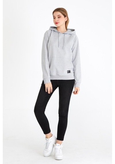 MMetalic Kadın Gri Renk Kapüşonlu Basic Örme Sweatshirt