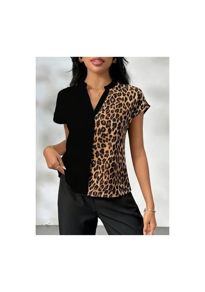 Butik İstanbul Kadın Kısa Kollu V Hakim Yakalı Leopar Desenli Sandy Bluza Siyah