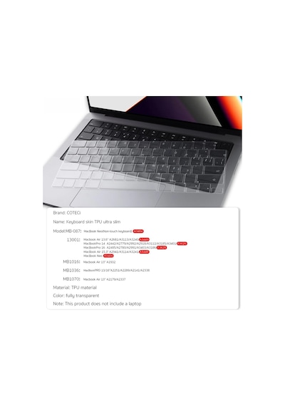 Apple MacBook Uyumlu Pro M1 14/16 & Apple MacBook Uyumlu Air 13.6/15.3 Tpu Klavye Koruyucu Şeffaf