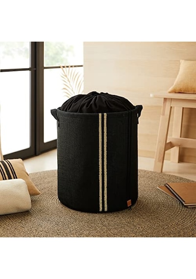 Ocean Home Textile Ağzı Büzgülü Çizgili Siyah Renk Jüt Çamaşır Sepeti 36 X 40 Cm Açık Bej