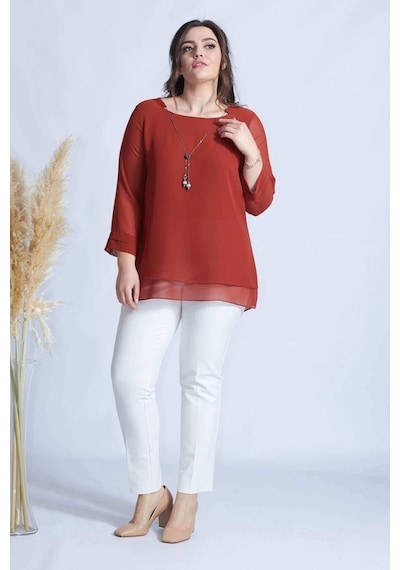 Moda Berray 1934 Kolyeli Şifon Büyük Beden Şık Bluz Tarçın Tarçın
