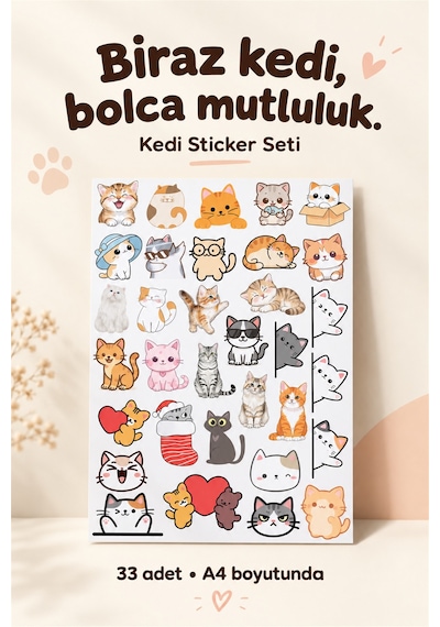 Kedi Sticker Seti 33 Adet Sevimli Kedi Çıkartmaları Defter, Laptop, Ajanda Çok Renkli