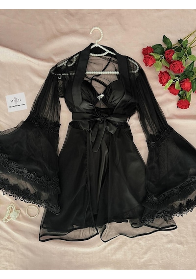 Mh Moony Homewears Ultra Lüks Kutulu Zonzanty Saten Gecelik Tül Sabahlık Seti Siyah