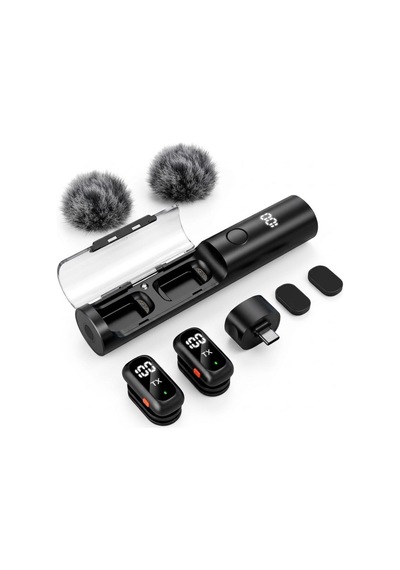 Buffer 2'li Kablosuz Yaka Mikrofonu, Type-c Uyumlu, Gürültü Engelleme Özellikli Ve Tripod'a Takılabilir Dijital Şarj Gös