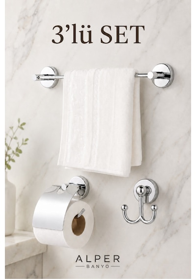 Alper Banyo Krom 3'Lü Banyo Seti, Düz Havluluk, Kapaklı Kağıtlık Ve Bornoz Askısı