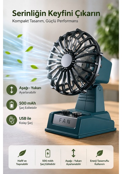 Exenar - Mavi - Şarjlı Masaüstü Mini Vantilatör Retro Tasarım 2 Kademeli Mini Fan 500 Mah Taşınabilir Fan