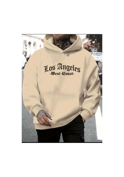 Blackjack Giyim Losangeles Baskılı Kapüşonlu Sweatshirt Bej