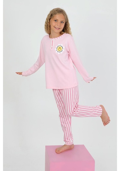 Kız Çocuk Uzun Kollu %100 Pamuklu Düğme Detaylı Pijama Takımı Alright Pembe