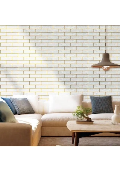 70x70cm 1 Adet Kendinden Yapışkanlı Gold Çizgili Altın Beyaz Tuğla Desen Duvar Kağıdı Paneli Nw176