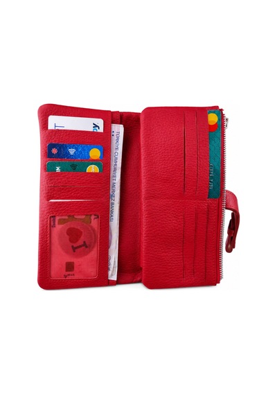 Alphaclub Bag Unisex Hakiki Deri Kırmızı Renk Fermuarlı Çok Bölmeli Uzun Cüzdan