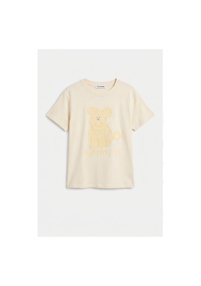 Kadın Bej Bol Kesim Köpüş Nakış Tasarım T-shirt Sarı