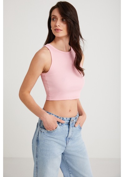 Ethıquet Joyce Kadın Slim Fit Dar Kalıp Sıfır Kol Bisiklet Yaka Örme Crop Pembe Atlet