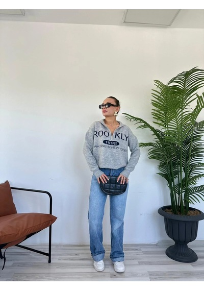 Keymoda Kadın Brooklyn Baskılı Kazak Gri Gri