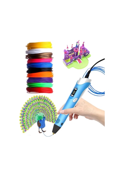 Sarı Renk 3d Kalem + 10 Renk Toplam 100 Metre Pla Filament + Şablon