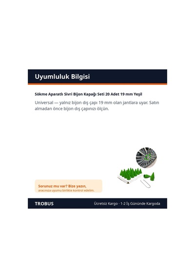 Trobus Sökme Aparatlı Sivri Bijon Kapağı Seti 20 Adet 19 Mm Yeşil