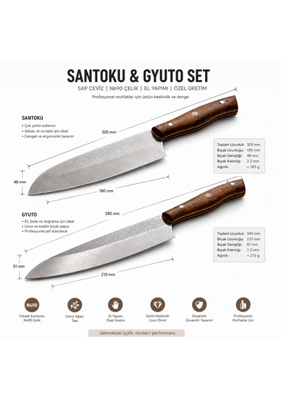 Ch Woodline N690 Çelik Santoku Ve Guyuto Bıçak Seti 2 Parça Profesyonel Şef Bıçağı, Özel Tasarım Ceviz Sap, Premium Mutfak Bıçak Seti Ch Woodline N690 Çelik Santoku Ve Guyuto Bıçak Seti 2 Parça Profesyonel Şef Bıçağı, Özel Tasarım Ceviz Sap, Premium Mutfak Bıçak Seti