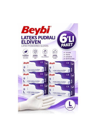 Beybi Lateks Eldiven Pudralı Large 100'lü 6 Adet