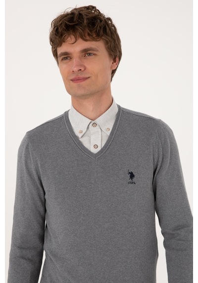 U.S. Polo Assn. Erkek Slim Fit V Yaka Gri Melanj Basic Kazak 50288881-VR086